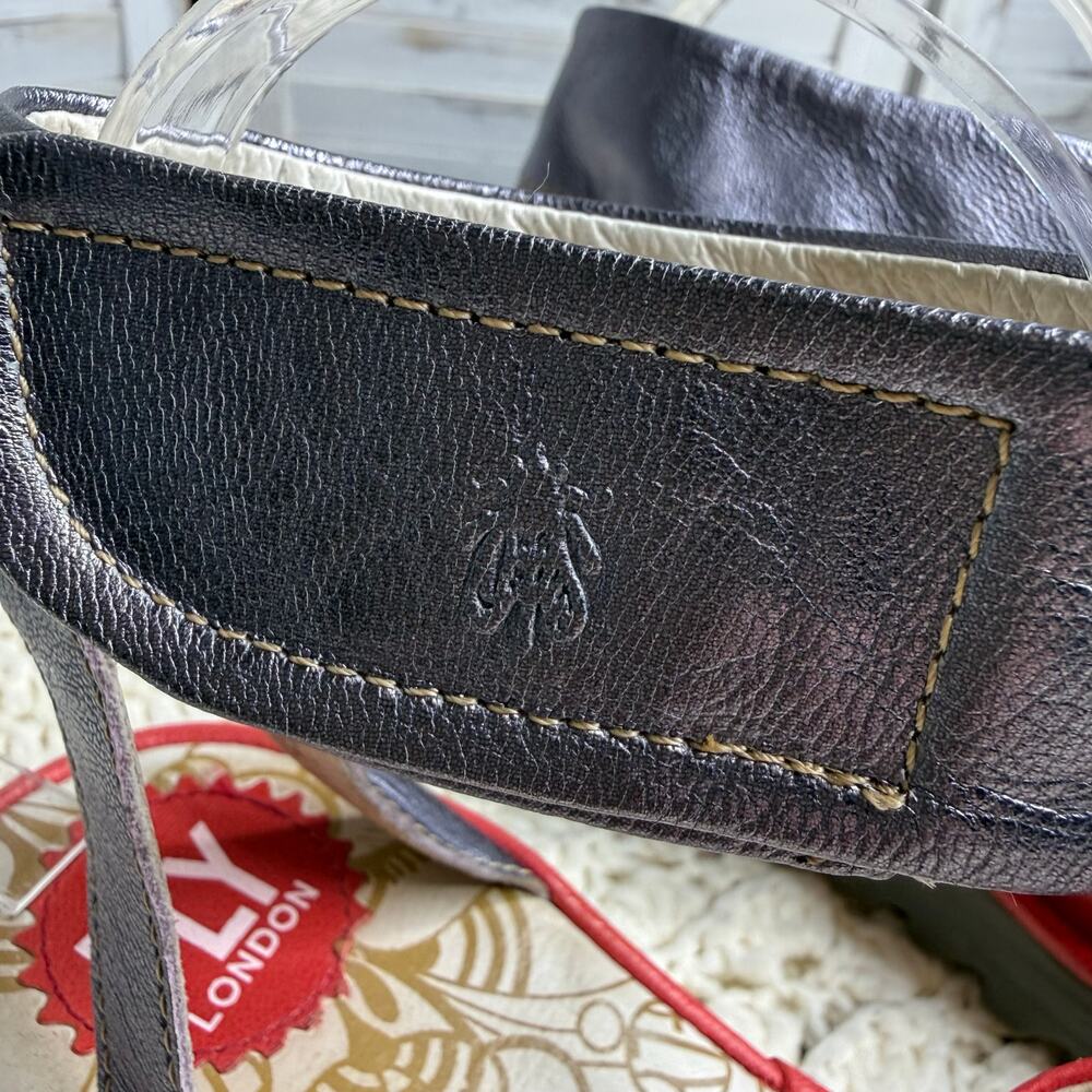 FLY LONDON Women's 40 US 9 YULA Leather Wedge Sandal Red Pewter Ankle Strap - Picture 10 of 16